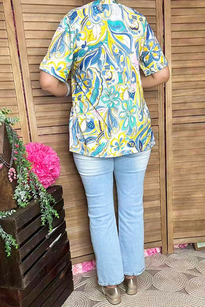 Western yellow & blue floral printed short sleeve women blouse BQ16262