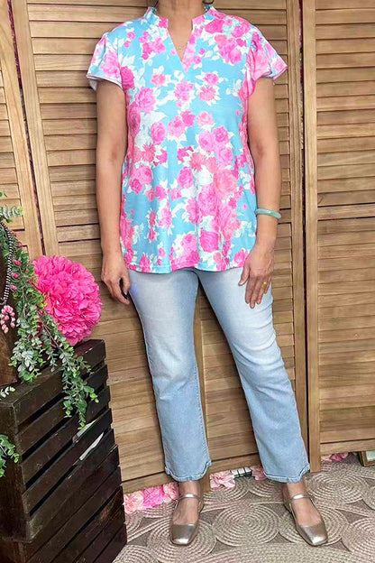 Southern Stitch floral printed short sleeve w/ruffle V-neckline women tops GJQ15993