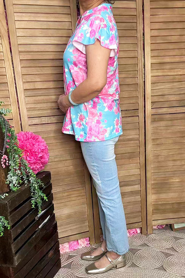 Southern Stitch floral printed short sleeve w/ruffle V-neckline women tops GJQ15993