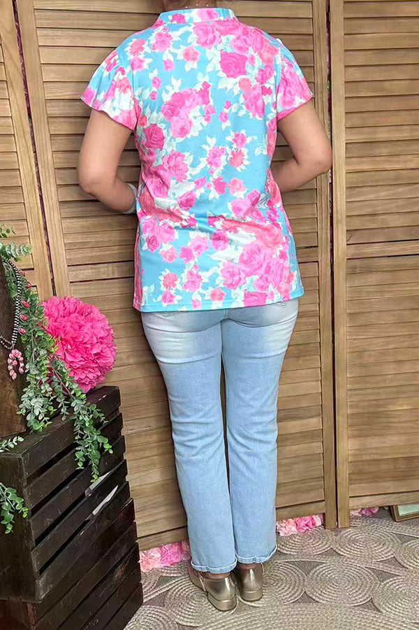 Southern Stitch floral printed short sleeve w/ruffle V-neckline women tops GJQ15993