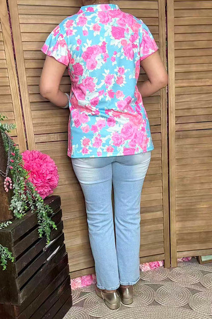 Southern Stitch floral printed short sleeve w/ruffle V-neckline women tops GJQ15993