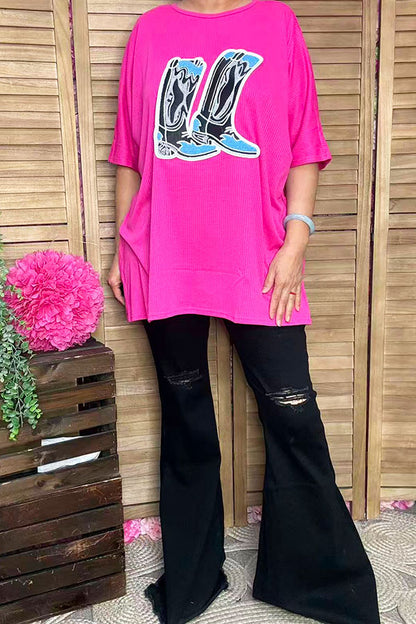 Glitter boots printed pink short sleeve women top DLH14240