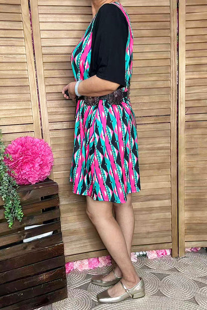 Western patchwork serape black short sleeve women boutique dress YMY15527