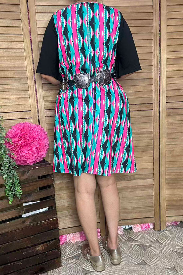 Western patchwork serape black short sleeve women boutique dress YMY15527