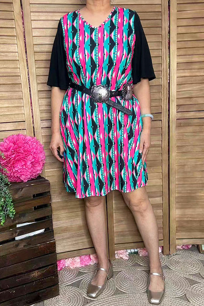 Western patchwork serape black short sleeve women boutique dress YMY15527