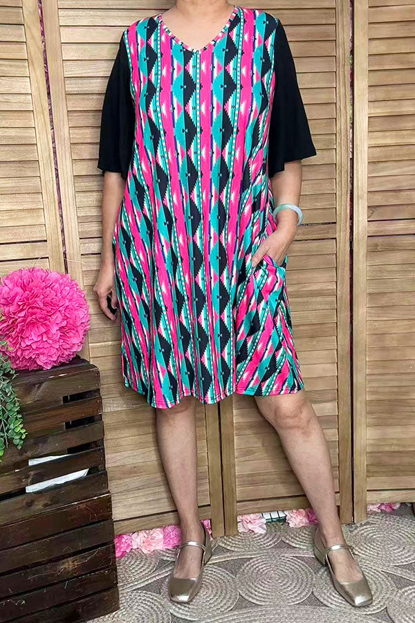 Western patchwork serape black short sleeve women boutique dress YMY15527