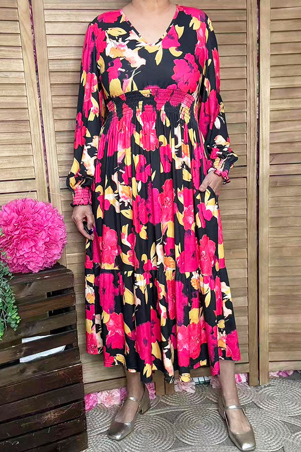 Wholesale Fuchsia floral printed long sleeeve women maix dress with elastic waist GJQ16279