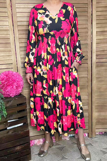 Wholesale Fuchsia floral printed long sleeeve women maix dress with elastic waist GJQ16279