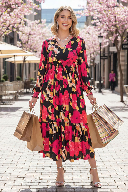 Wholesale Fuchsia floral printed long sleeeve women maix dress with elastic waist GJQ16279