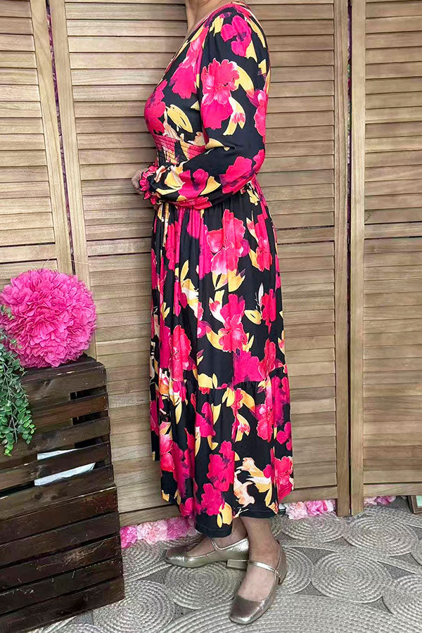 Wholesale Fuchsia floral printed long sleeeve women maix dress with elastic waist GJQ16279