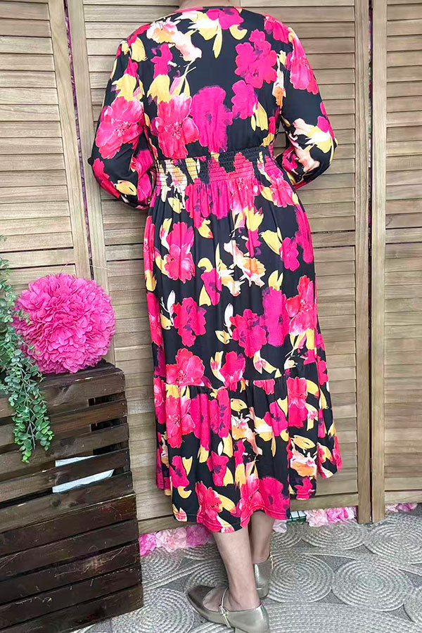 Wholesale Fuchsia floral printed long sleeeve women maix dress with elastic waist GJQ16279