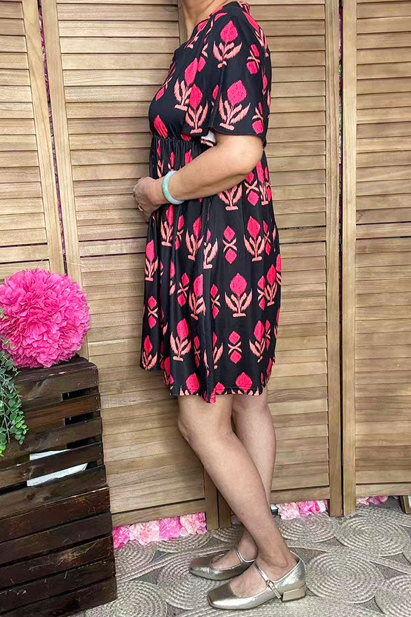 Women dress wholesale Fuchsia patterns printed & short sleeves GJQ16149