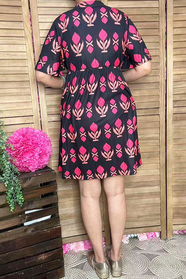 Women dress wholesale Fuchsia patterns printed & short sleeves GJQ16149