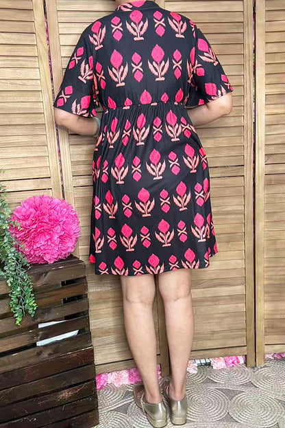 Women dress wholesale Fuchsia patterns printed & short sleeves GJQ16149