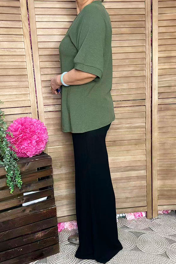 Trendy green ribbed knitted fabric short sleeve women boutique top SP16450