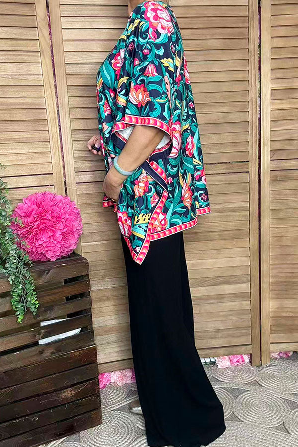 Multi color floral printed poncho casual loose women blouse GJQ16326