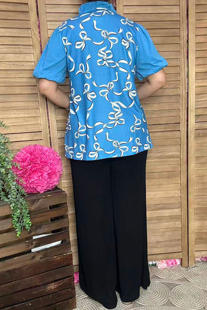 Blue bows printed puff short sleeve women blouse w/v-neckline XCH16669