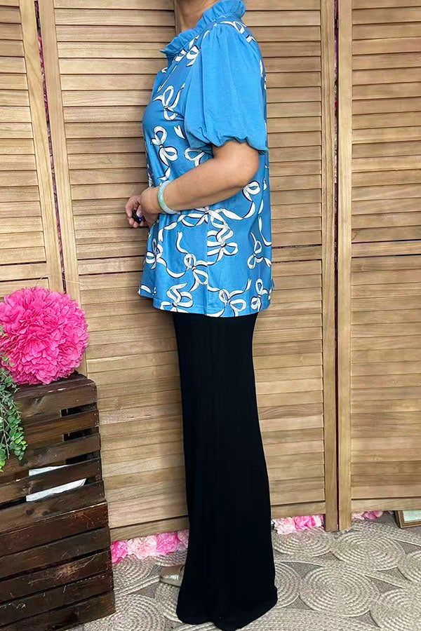Blue bows printed puff short sleeve women blouse w/v-neckline XCH16669