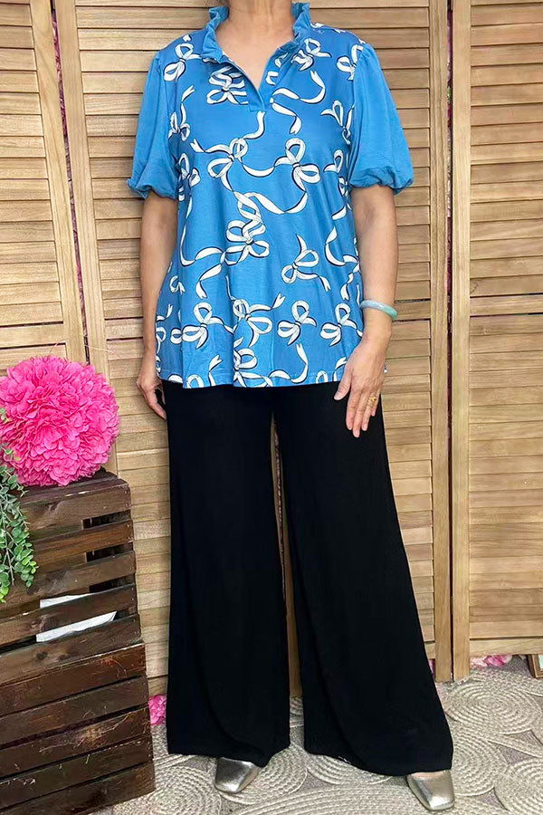 Blue bows printed puff short sleeve women blouse w/v-neckline XCH16669