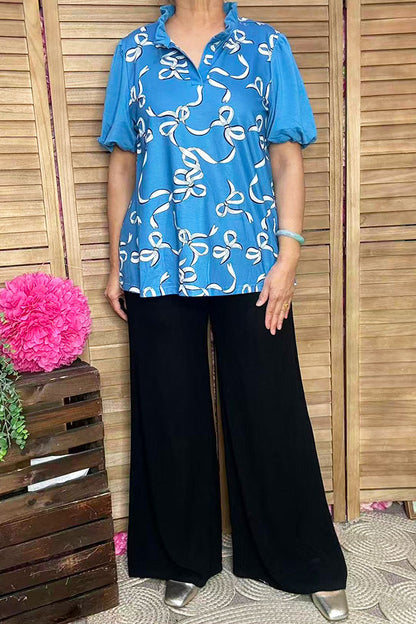 Blue bows printed puff short sleeve women blouse w/v-neckline XCH16669