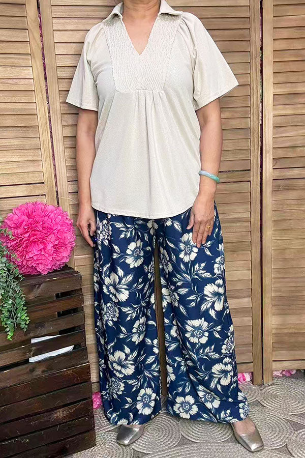 Cream short sleeve flattering v-neckline women blouse SP16420