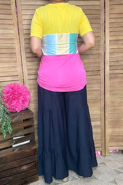 Yellow/pink & multi color block printed short sleeve top w/knot GJQ8707-2