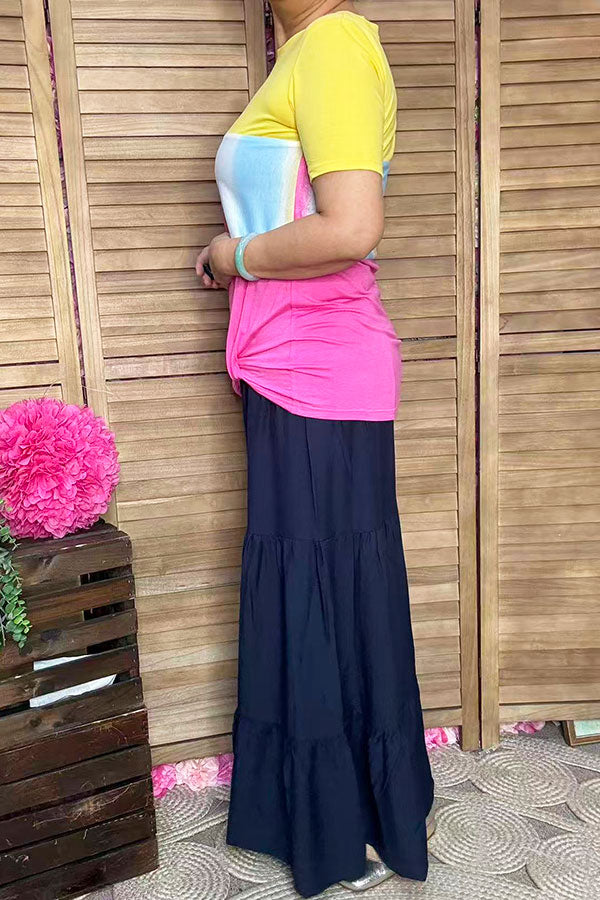 Yellow/pink & multi color block printed short sleeve top w/knot GJQ8707-2