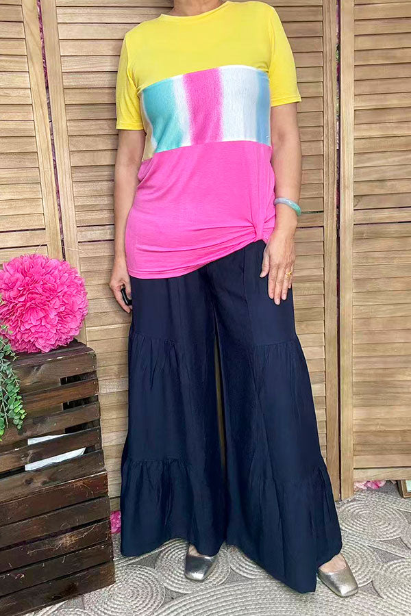 Yellow/pink & multi color block printed short sleeve top w/knot GJQ8707-2