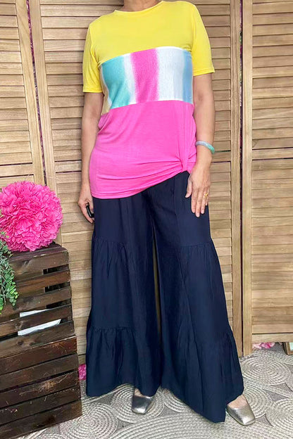 Yellow/pink & multi color block printed short sleeve top w/knot GJQ8707-2