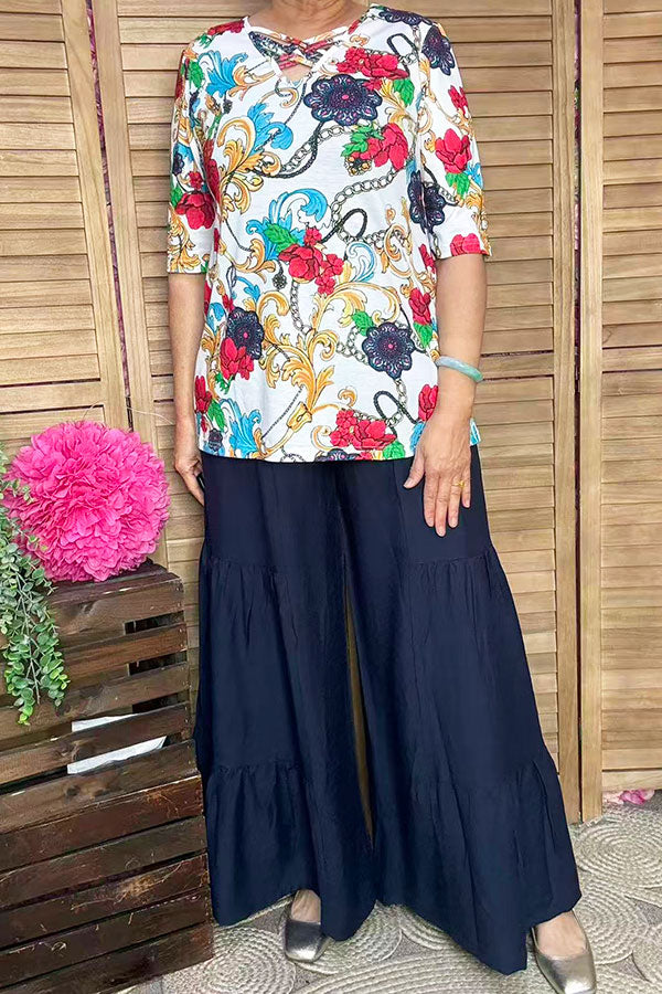 Women's clothing wholesale paisley & floral printed cross v neckline half sleeves GJQ13814S