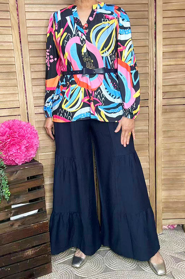 Western patterns printed puff long sleeve women blouse BQ16287