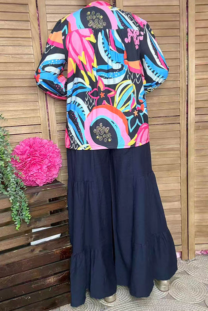 Western patterns printed puff long sleeve women blouse BQ16287