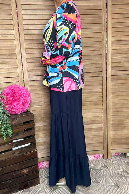 Western patterns printed puff long sleeve women blouse BQ16287