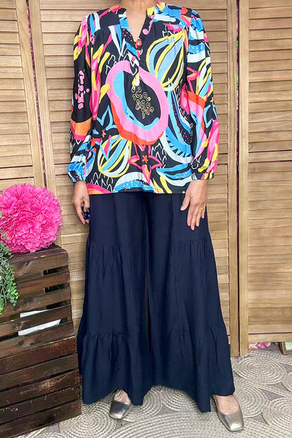 Western patterns printed puff long sleeve women blouse BQ16287