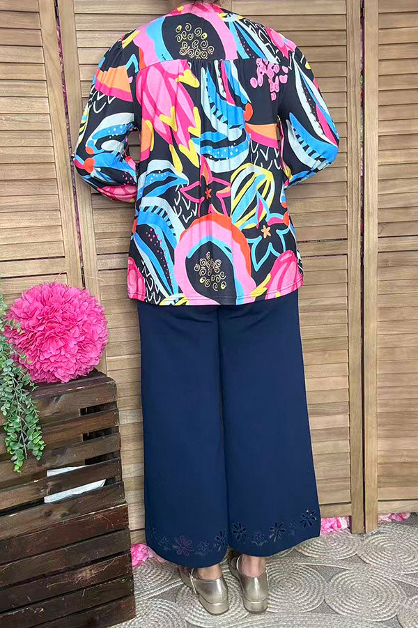 Western patterns printed puff long sleeve women blouse BQ16287