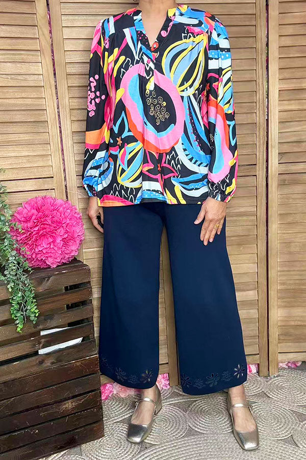 Western patterns printed puff long sleeve women blouse BQ16287