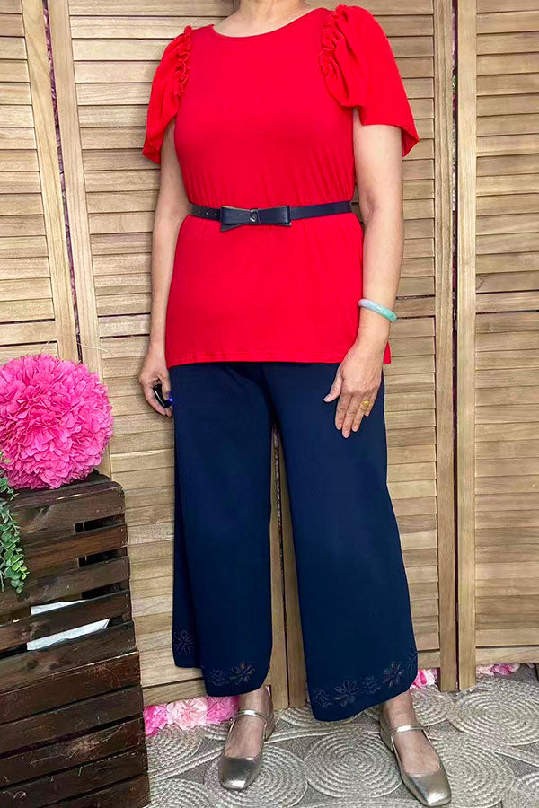 BQ16051 Ruffle/bell gathering short sleeve red women top