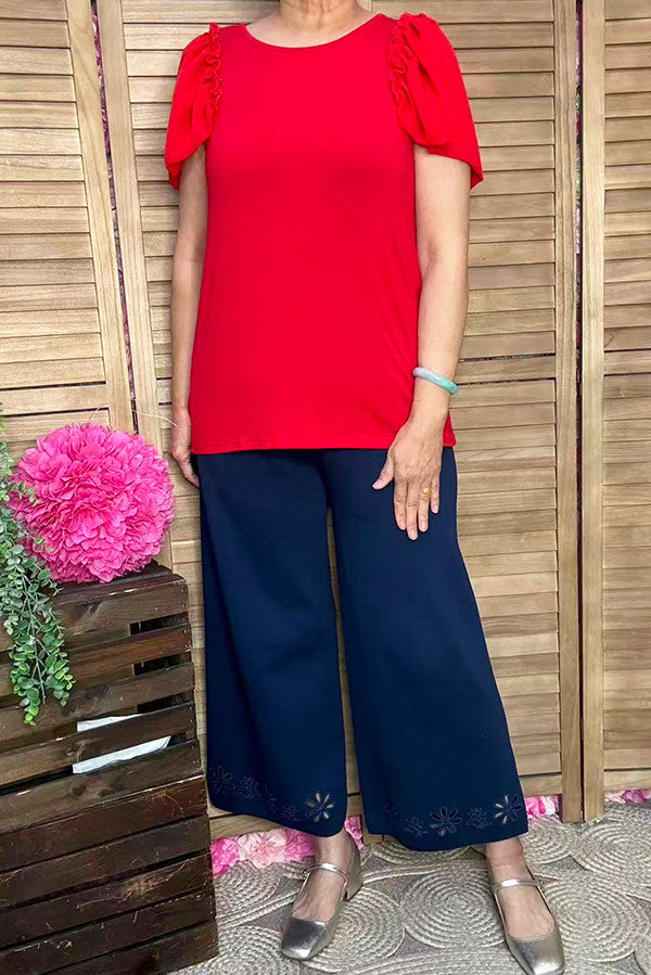 BQ16051 Ruffle/bell gathering short sleeve red women top