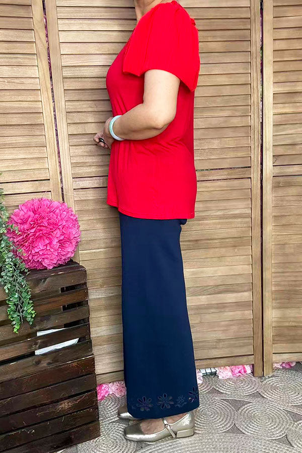 BQ16051 Ruffle/bell gathering short sleeve red women top