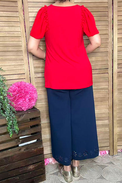 BQ16051 Ruffle/bell gathering short sleeve red women top