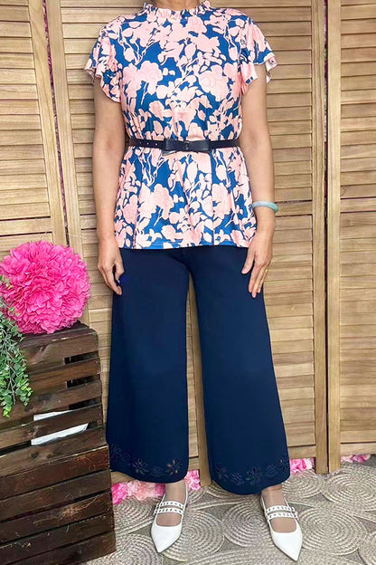 Pink blue floral printed bell short sleeve women top XCH15808