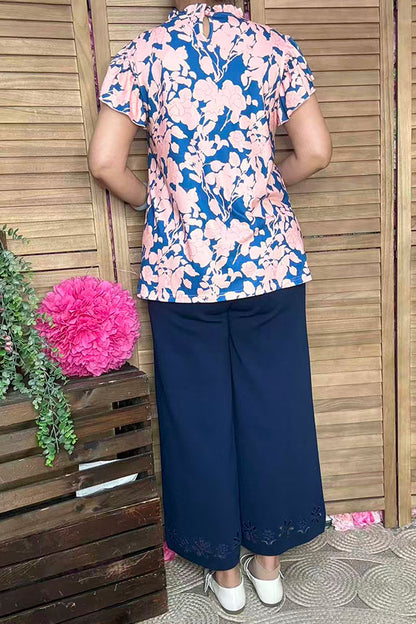 Pink blue floral printed bell short sleeve women top XCH15808