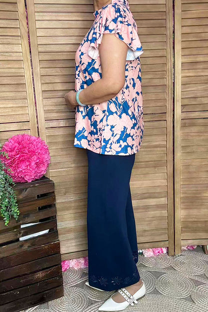 Pink blue floral printed bell short sleeve women top XCH15808