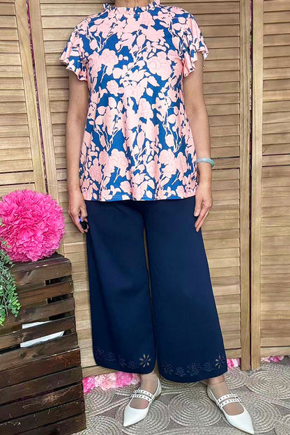 Pink blue floral printed bell short sleeve women top XCH15808