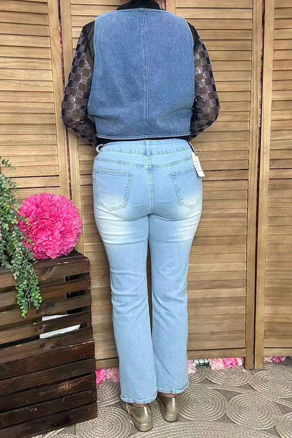 Southern Stitch washed blue denim fabric sleeveless women vest XCH16848