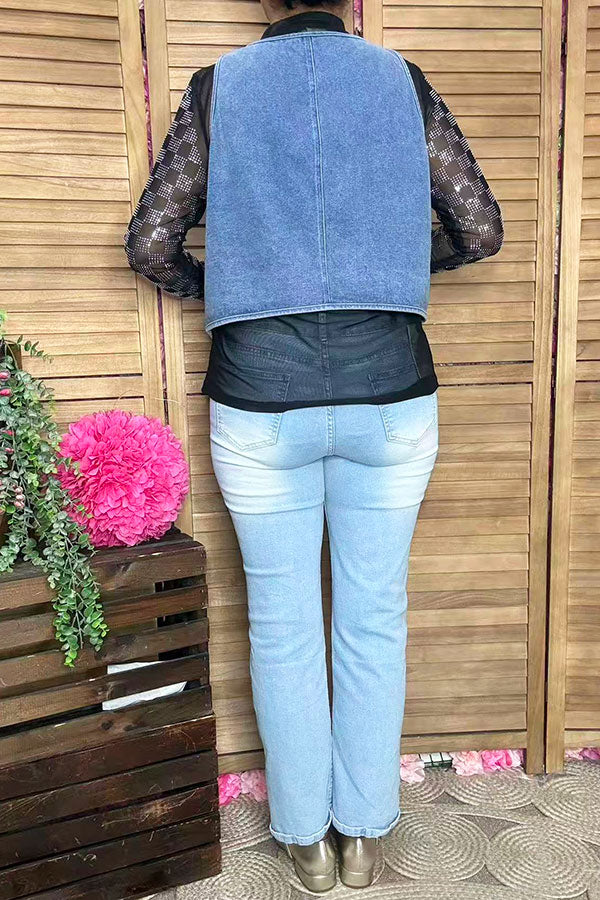 Southern Stitch washed blue denim fabric sleeveless women vest XCH16848