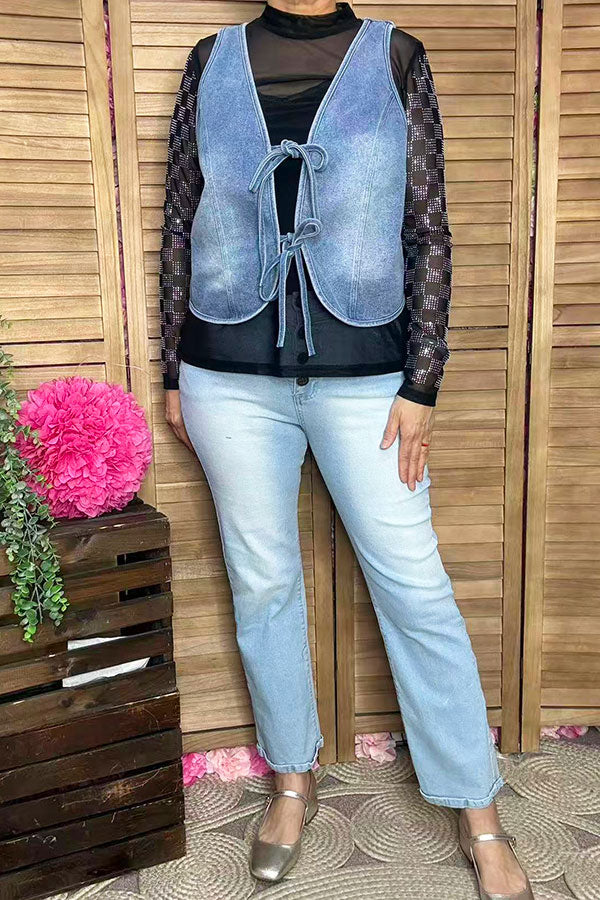 Southern Stitch washed blue denim fabric sleeveless women vest XCH16848