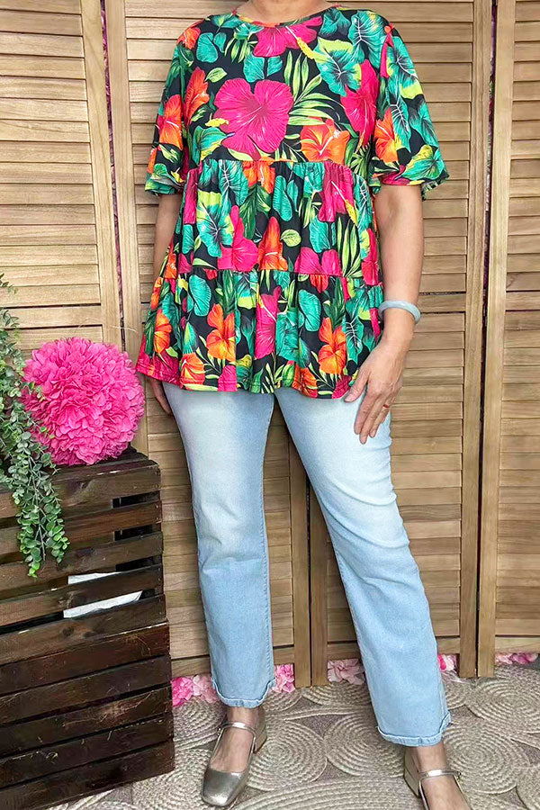 Trendy floral short sleeve women boutique blouse Southern Stitch GJQ16397