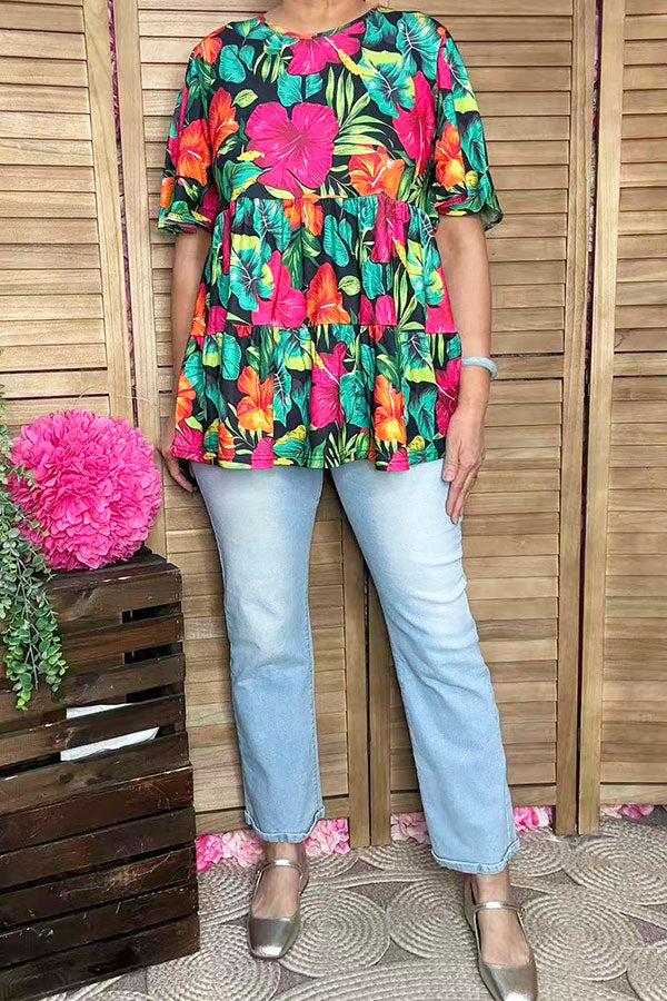 Trendy floral short sleeve women boutique blouse Southern Stitch GJQ16397