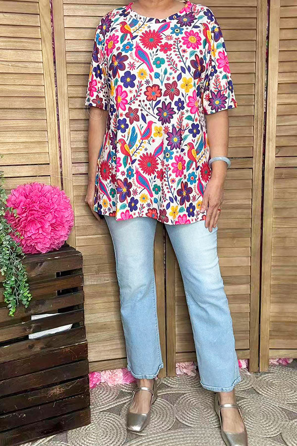 Spring multicolor floral printed short sleeve women top GJQ16622